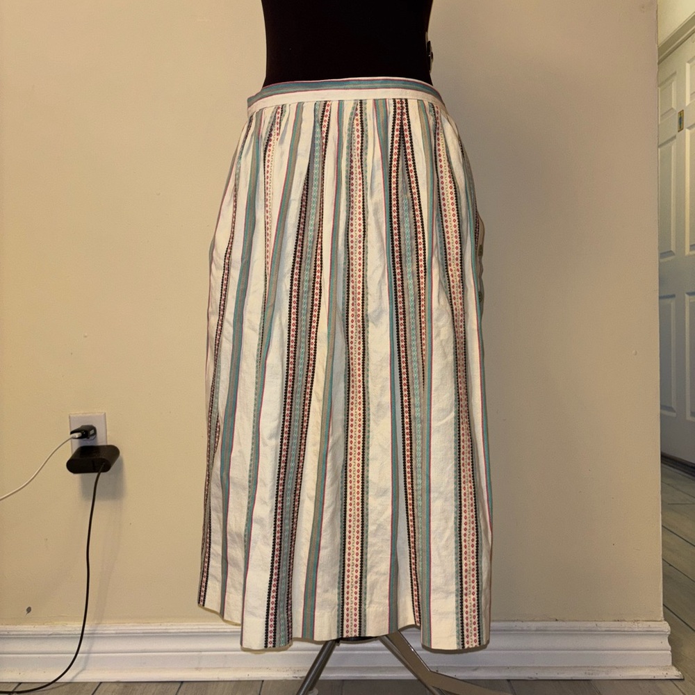70s Vintage Susan Bristol Cream and Blue Striped Midi Skirt